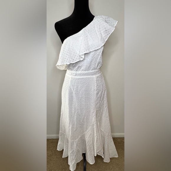 NWT Mink Pink white one shoulder ruffle eyelet midi dress side zipper Small - Picture 1 of 8